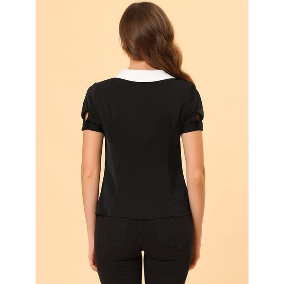 Peter Pan Collar Blouse Contrast Collar Button Down Chiffon Top Black - Picture 3 of 6